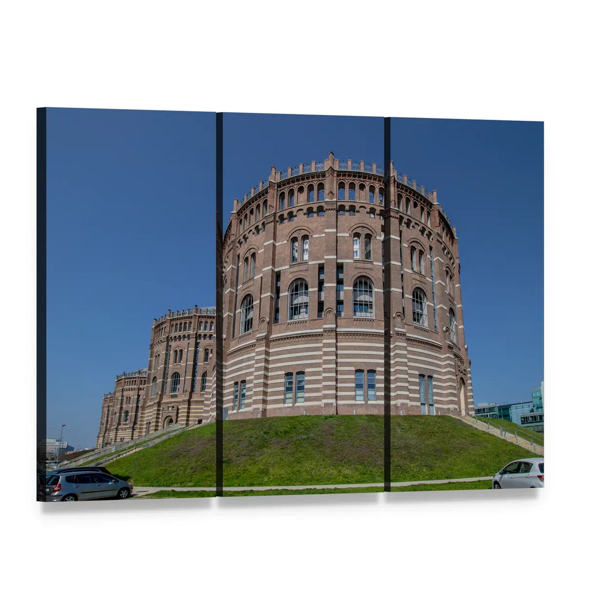 Vienna Gasometer Brick Facade Canvas Wall Art, 3 panel 3 Horizontal layout gallery wrapped canvas set, angled product view