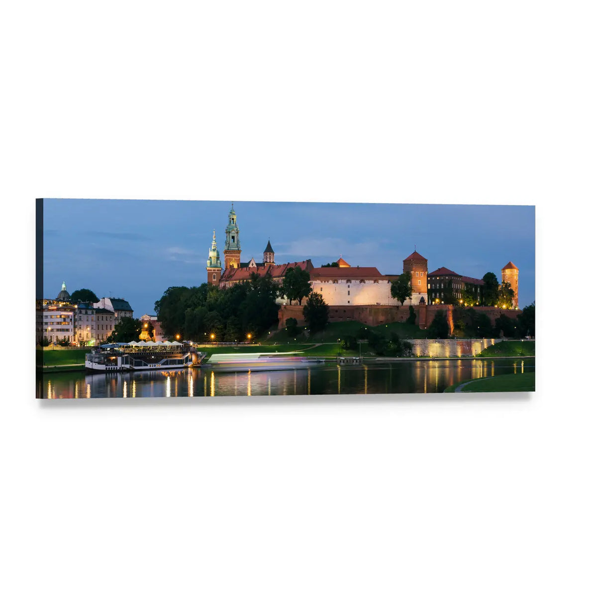 Wawel Royal Castle at Dusk Panoramic Canvas Wall Art, single panel gallery wrapped canvas, angled product view