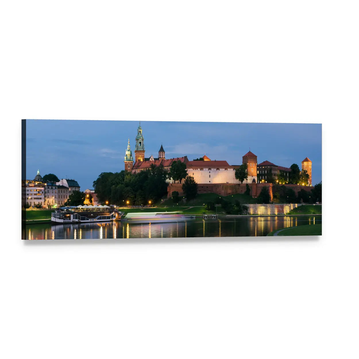 Wawel Royal Castle at Dusk Panoramic Canvas Wall Art, single panel gallery wrapped canvas, angled product view