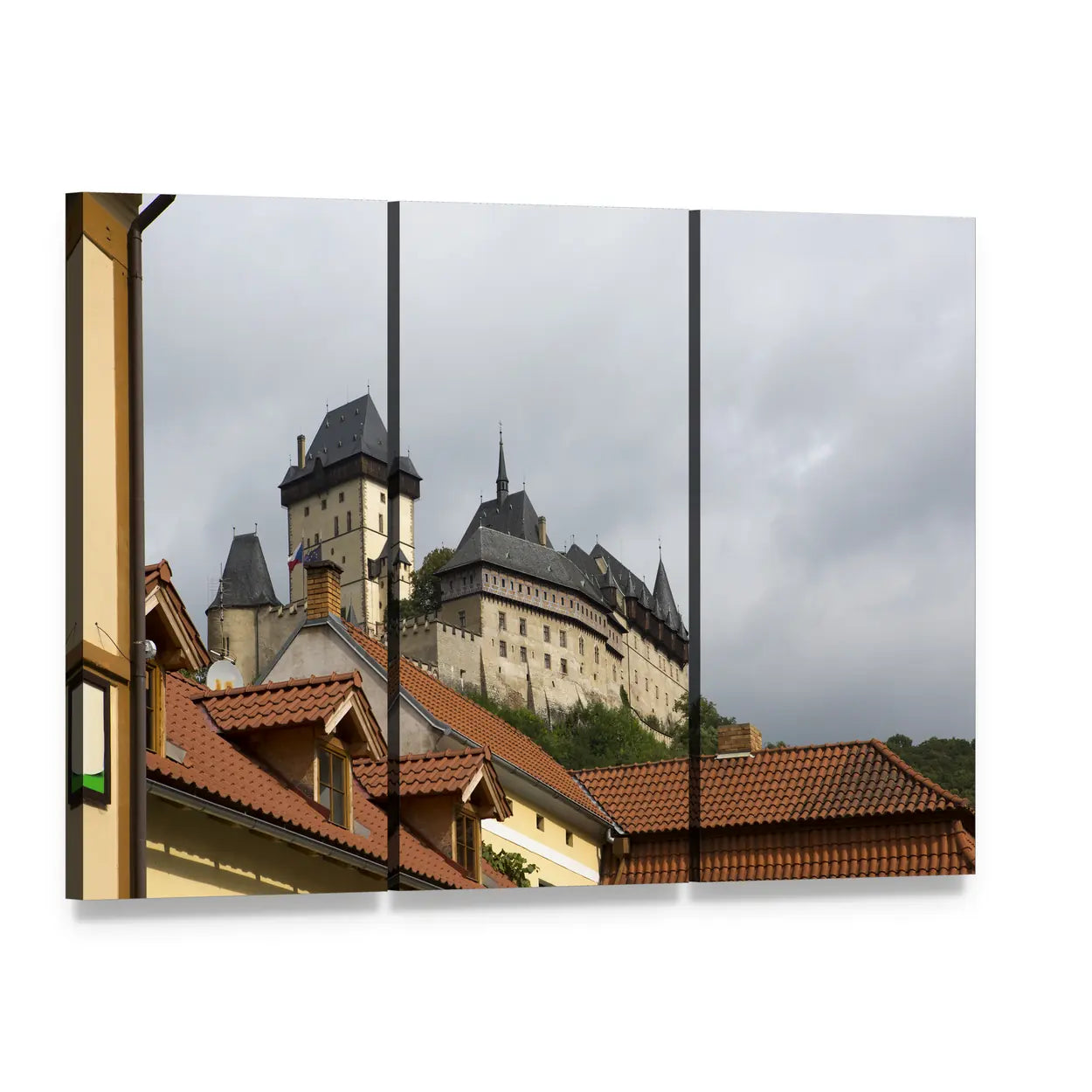 Karlstejn Medieval Castle Over Rooftops Canvas Wall Art, 3 panel 3 Horizontal layout gallery wrapped canvas set, angled product view