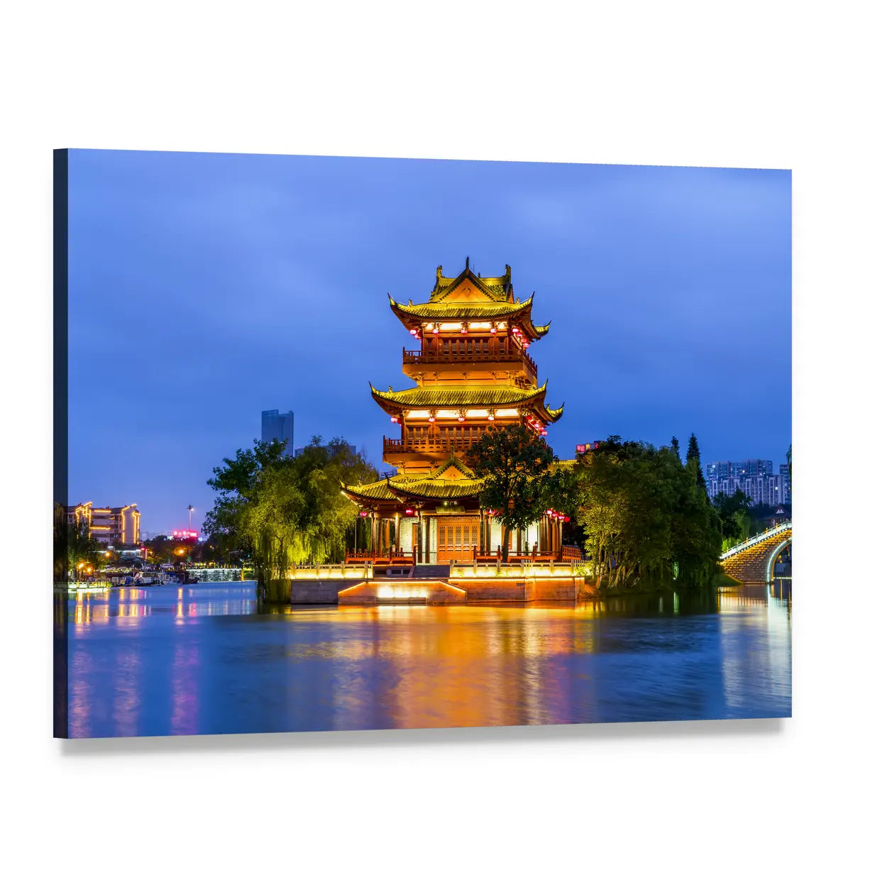 Golden Pagoda Reflected in Calm Water Canvas Wall Art, single panel gallery wrapped canvas, angled product view