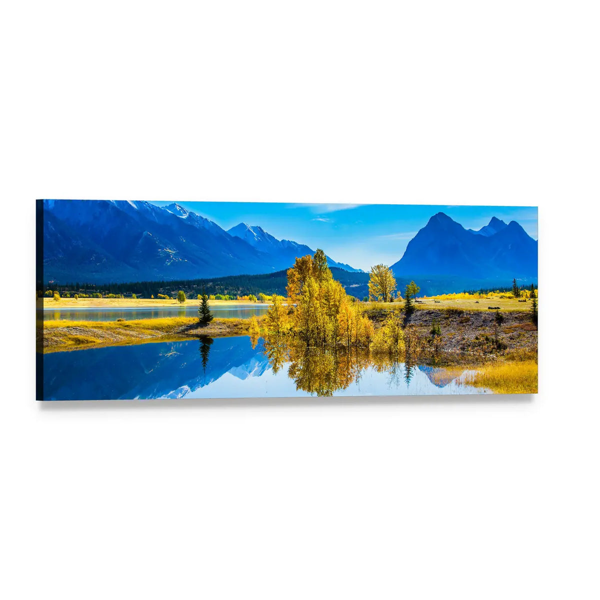 Abraham Lake Autumn Reflection Panoramic Canvas Wall Art, single panel gallery wrapped canvas, angled product view