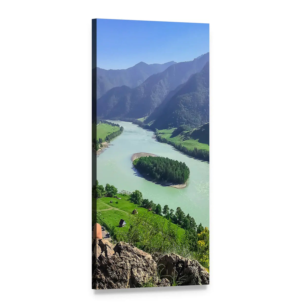Winding River with Heart-shaped Island Below Misty Mountains Vertical Canvas Wall Art, 1 panel 1 Vertical layout gallery wrapped canvas set, angled product view