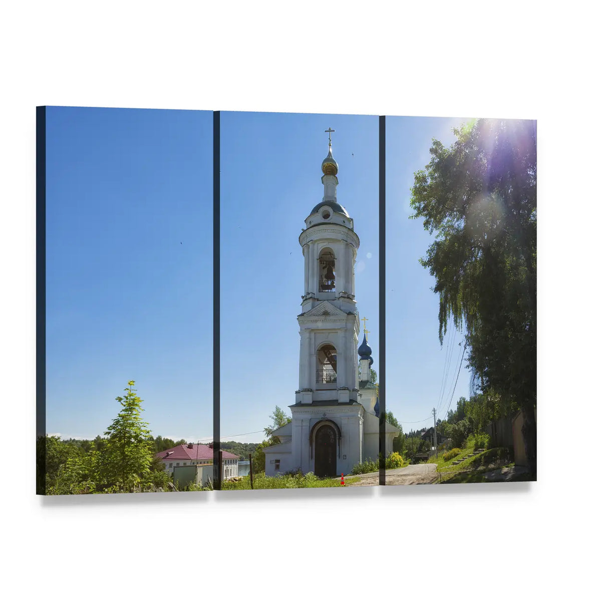 St. Varvara Church in Ples Canvas Wall Art, 3 panel 3 Horizontal layout gallery wrapped canvas set, angled product view