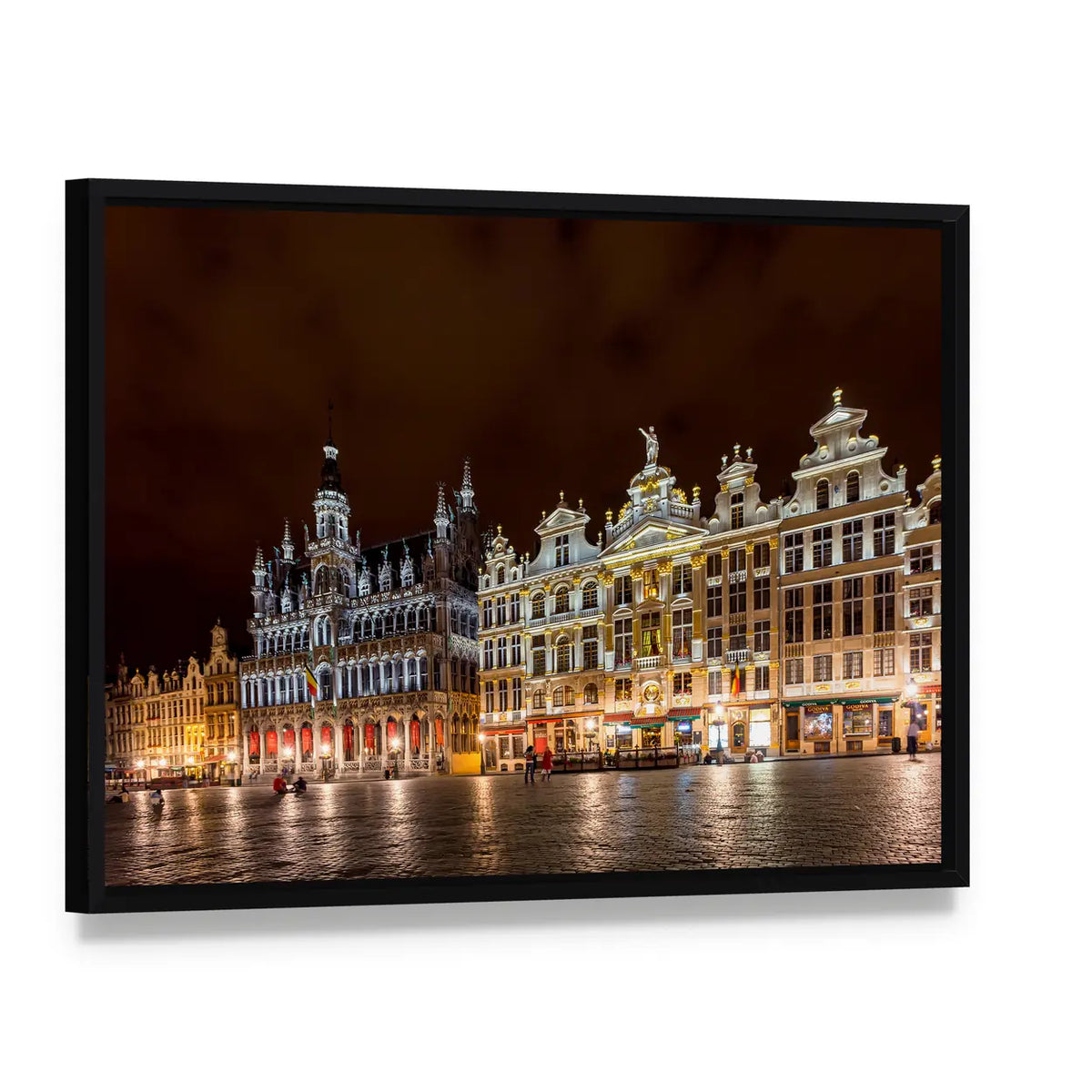 Brussels Grand Place Canvas Wall Art, framed canvas in a black floater frame, angled product view