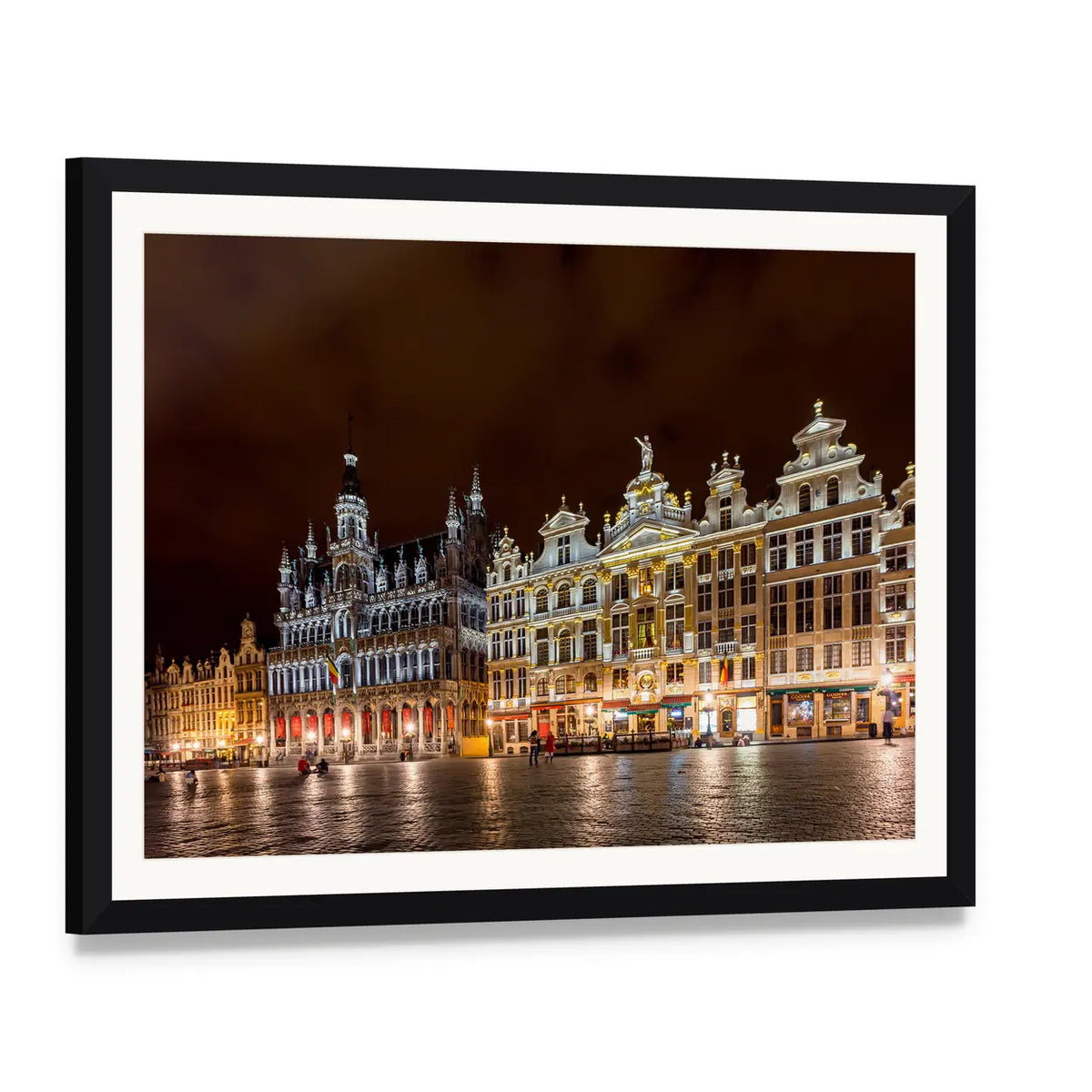Brussels Grand Place Canvas Wall Art, framed print with white mat and black frame, angled product view