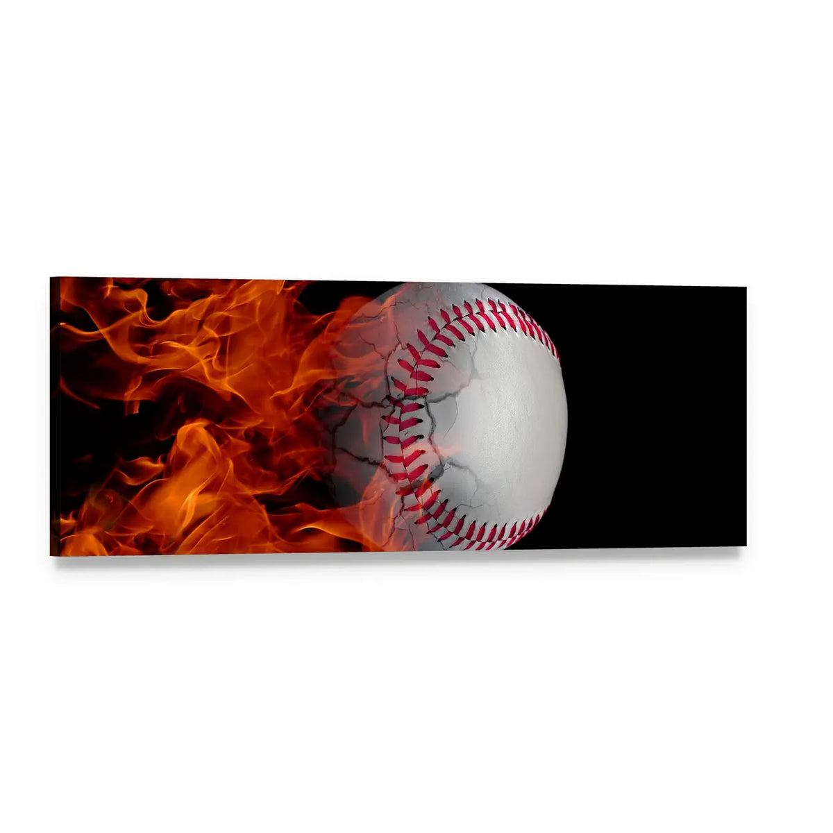 Cracked Baseball in Flames Panoramic Canvas Wall Art, single panel gallery wrapped canvas, angled product view