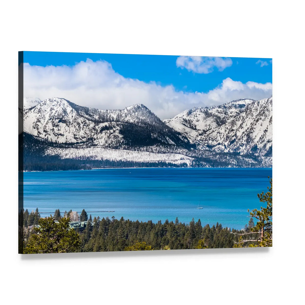 Lake Tahoe Snow-capped Sierra Peaks Canvas Wall Art, single panel gallery wrapped canvas, angled product view