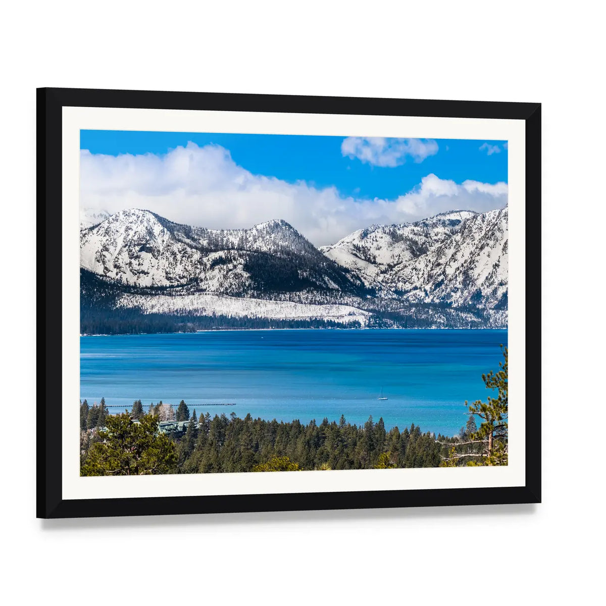 Lake Tahoe and Sierra Mountains Canvas Wall Art, framed print with white mat and black frame, angled product view