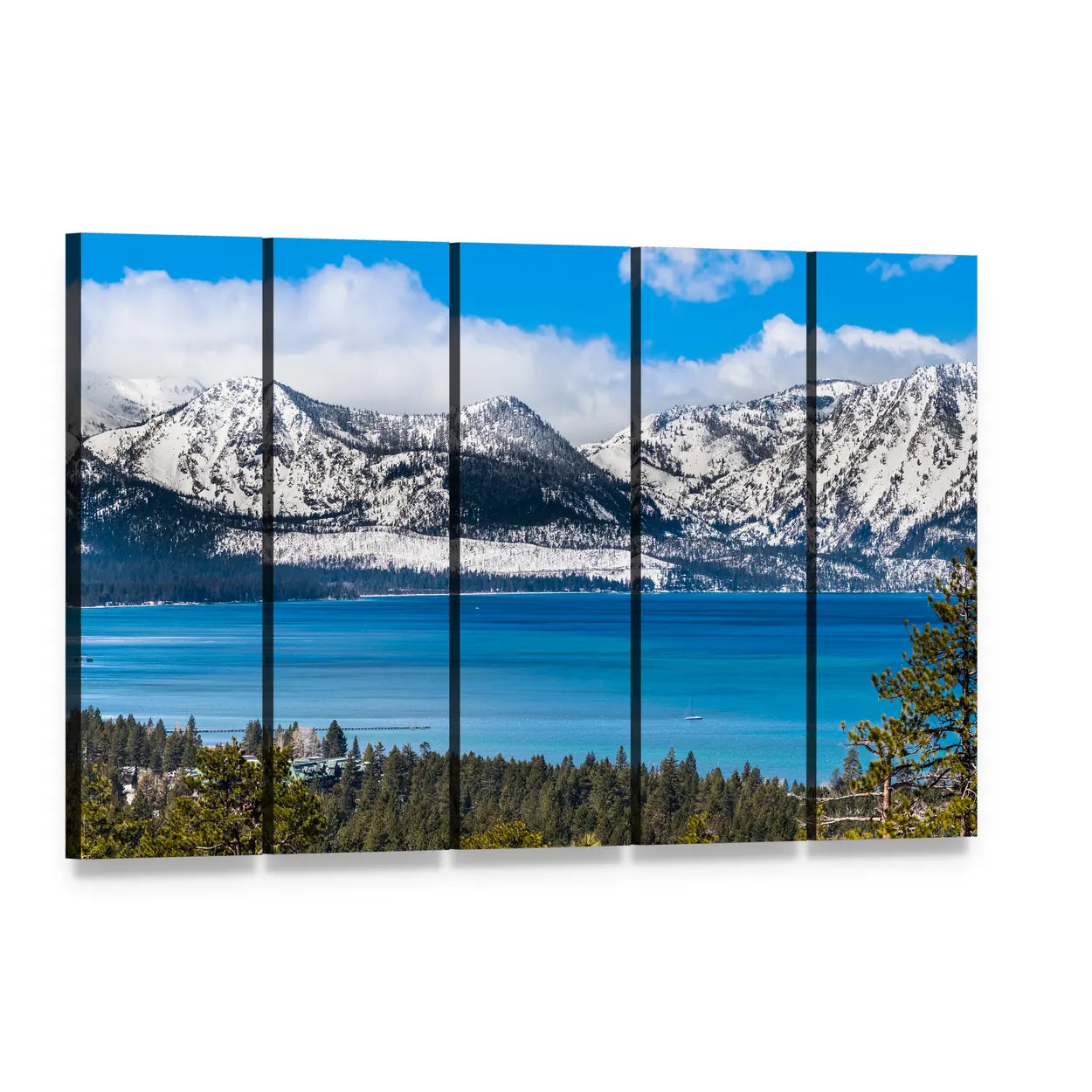 Lake Tahoe and Sierra Mountains Canvas Wall Art, 5 panel 5 Horizontal layout gallery wrapped canvas set, angled product view