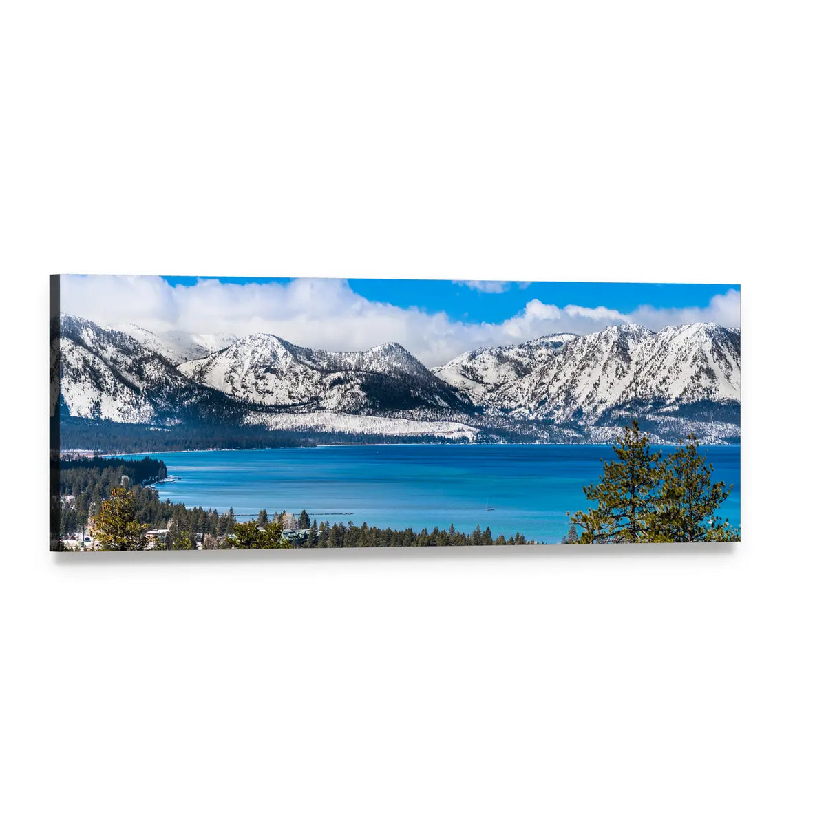 Lake Tahoe Turquoise Water and Sierra Peaks Panoramic Canvas Wall Art, single panel gallery wrapped canvas, angled product view