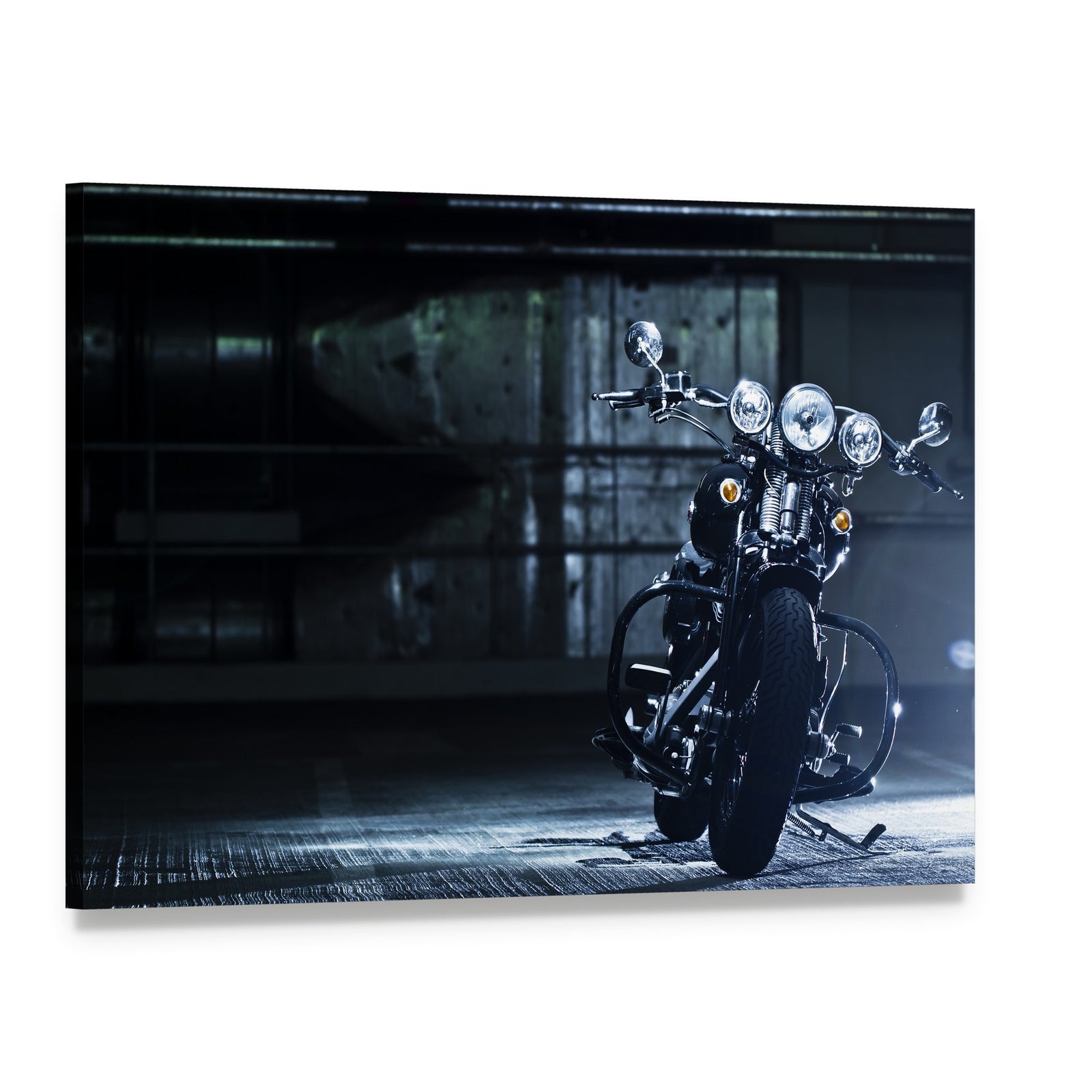 Motorbike in Garage Canvas Wall Art, single panel gallery wrapped canvas, angled product view