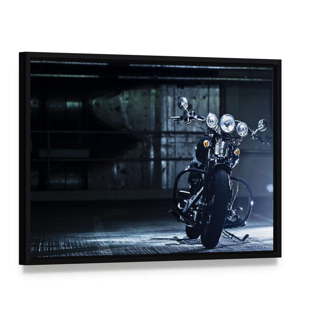 Motorbike in Garage Canvas Wall Art, framed canvas in a black floater frame, angled product view