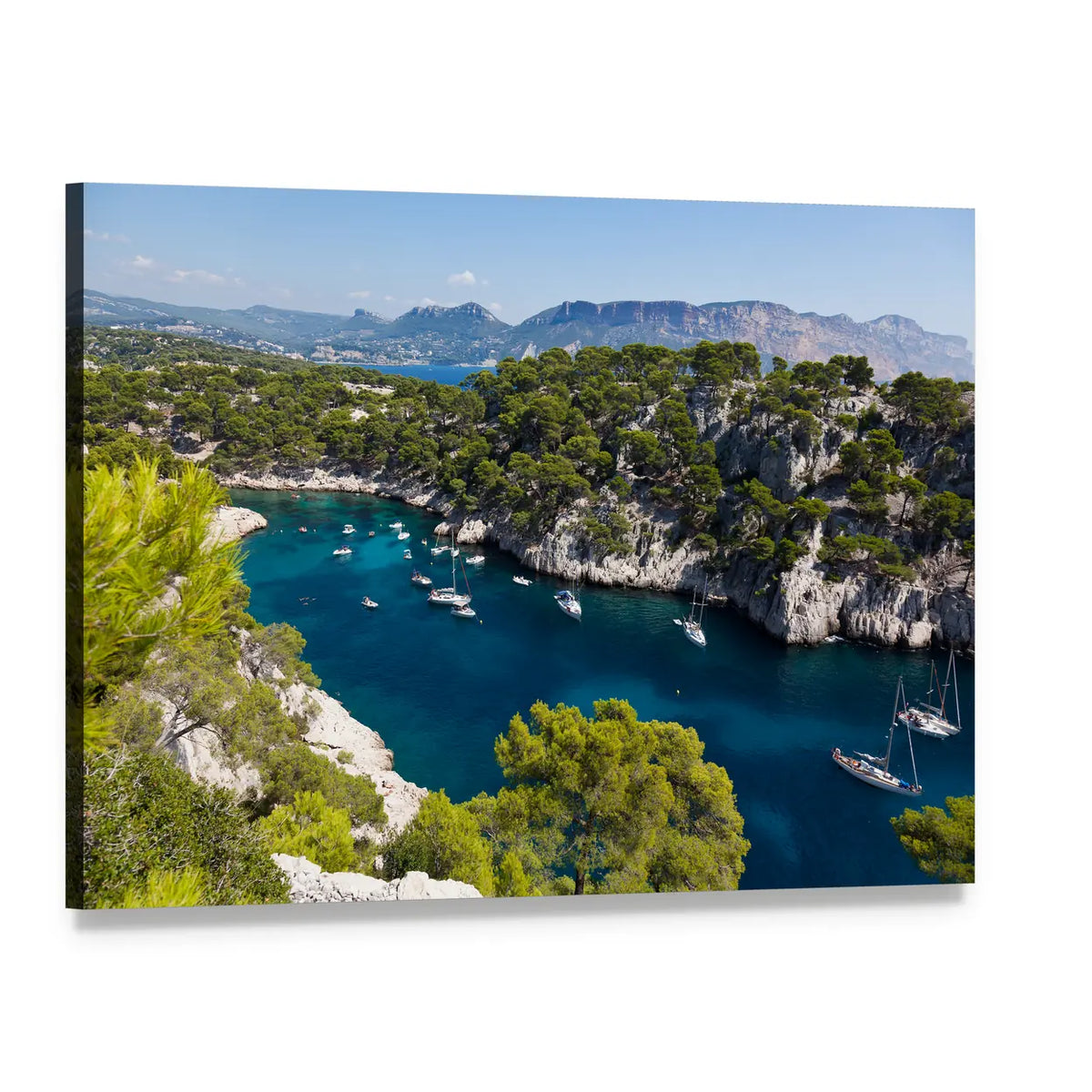 Rocky Coast with Pine Trees and Sailboats Canvas Wall Art, single panel gallery wrapped canvas, angled product view
