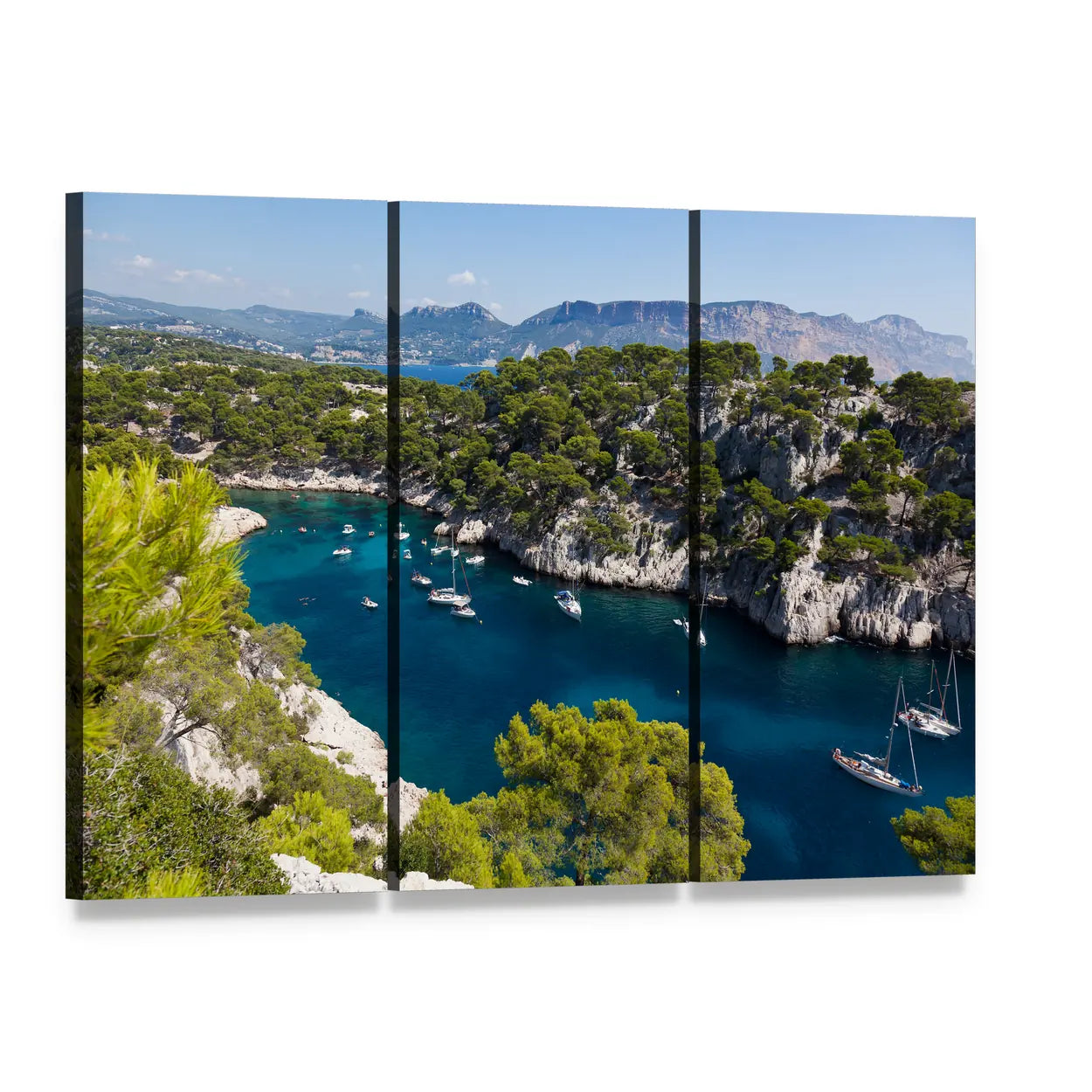 Rocky Coast with Pine Trees and Sailboats Canvas Wall Art, 3 panel 3 Horizontal layout gallery wrapped canvas set, angled product view