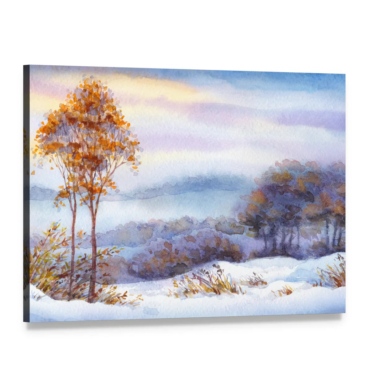 Snow Covered Valley with Orange Trees Canvas Wall Art, single panel gallery wrapped canvas, angled product view