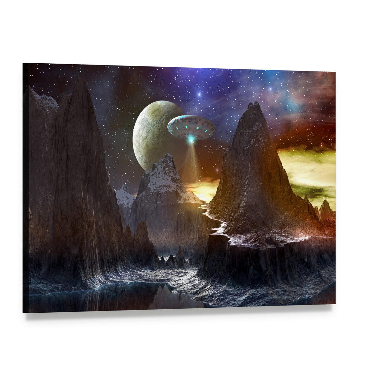 Flying Saucer Over Mountain Path Canvas Wall Art, single panel gallery wrapped canvas, angled product view