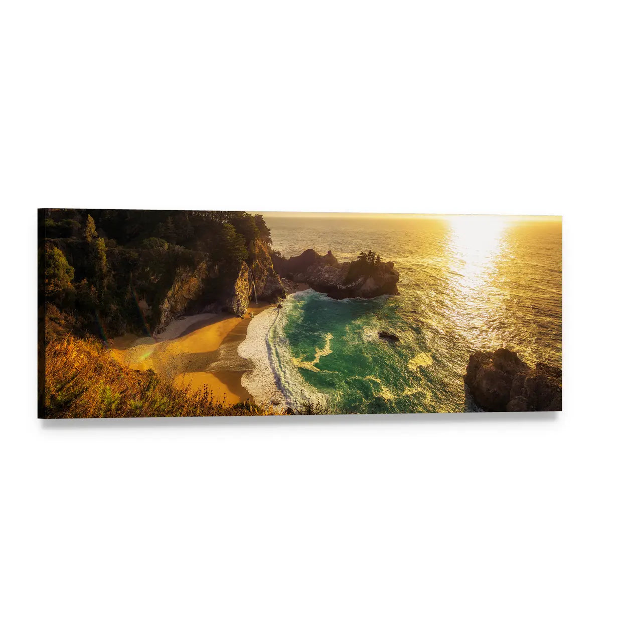 Sunset Over Pacific Coast Highway Panoramic Canvas Wall Art, single panel gallery wrapped canvas, angled product view