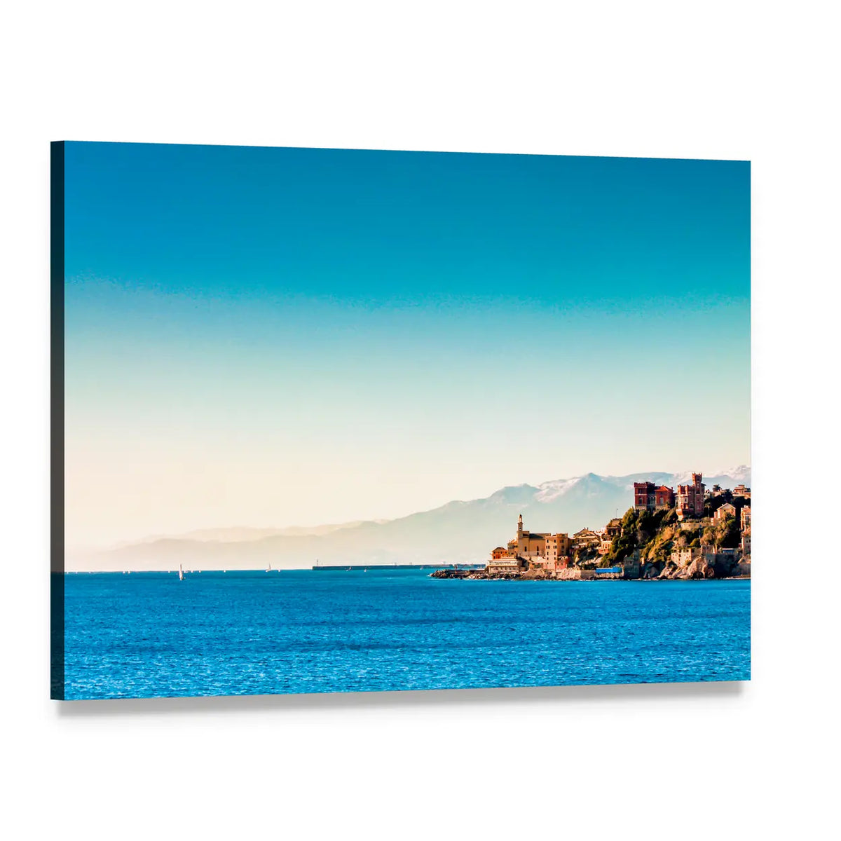 Genoa Coastal Village with Blue Sea Canvas Wall Art, single panel gallery wrapped canvas, angled product view