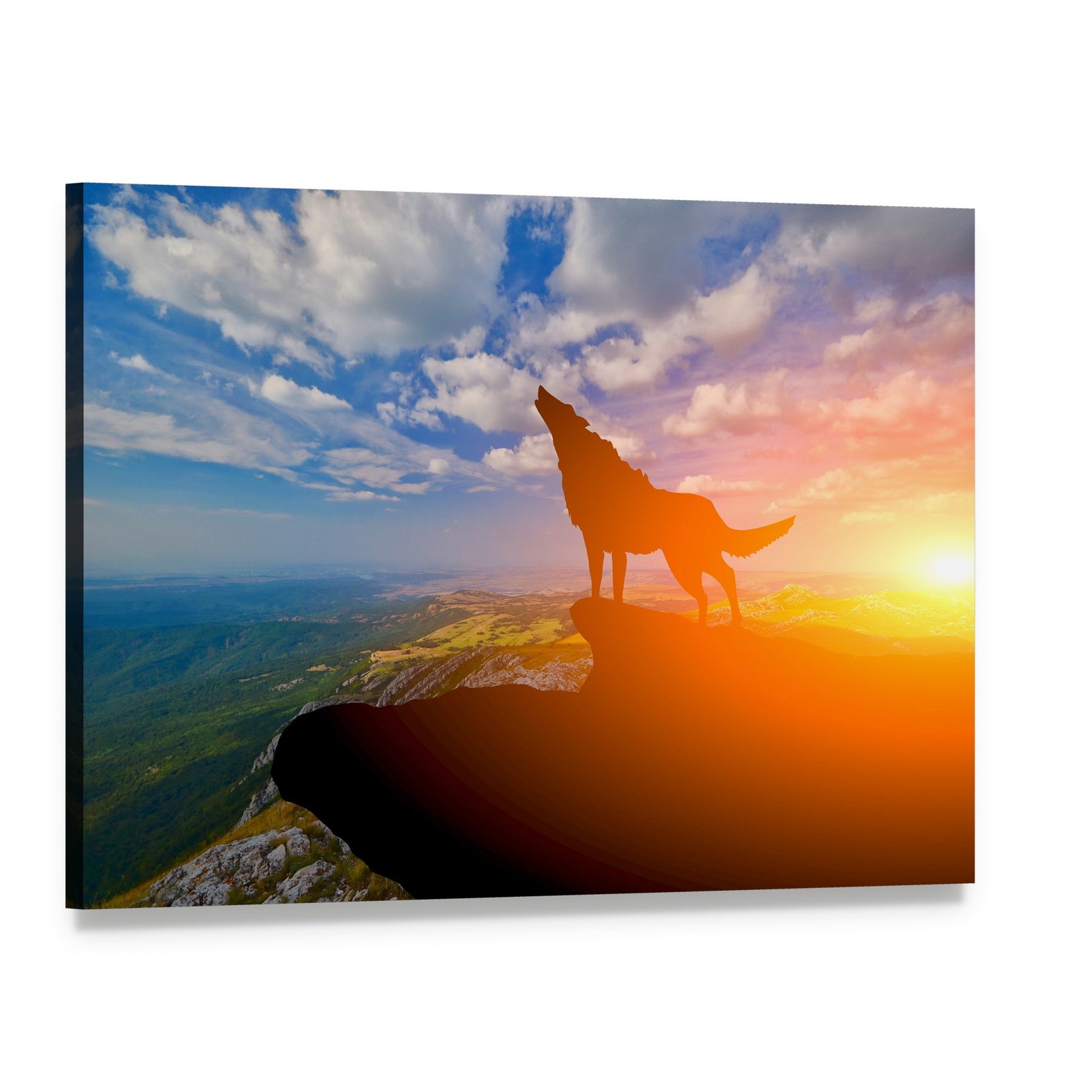 Wolf Howling on a Mountain Cliff Canvas Wall Art, single panel gallery wrapped canvas, angled product view