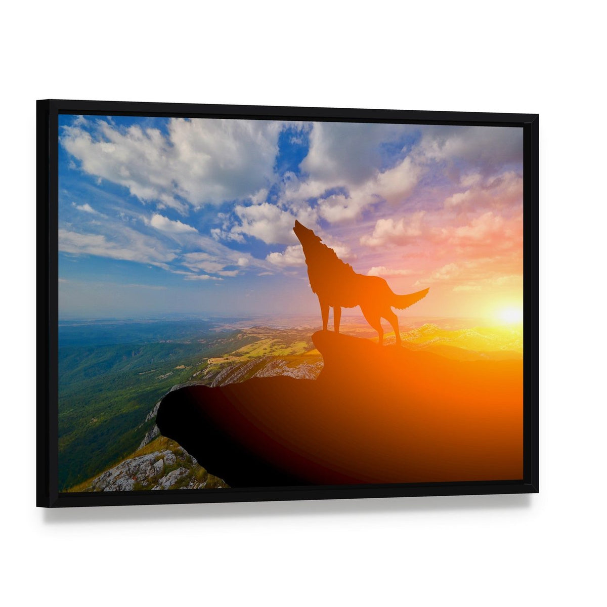 Wolf Howling on a Mountain Cliff Canvas Wall Art, framed canvas in a black floater frame, angled product view