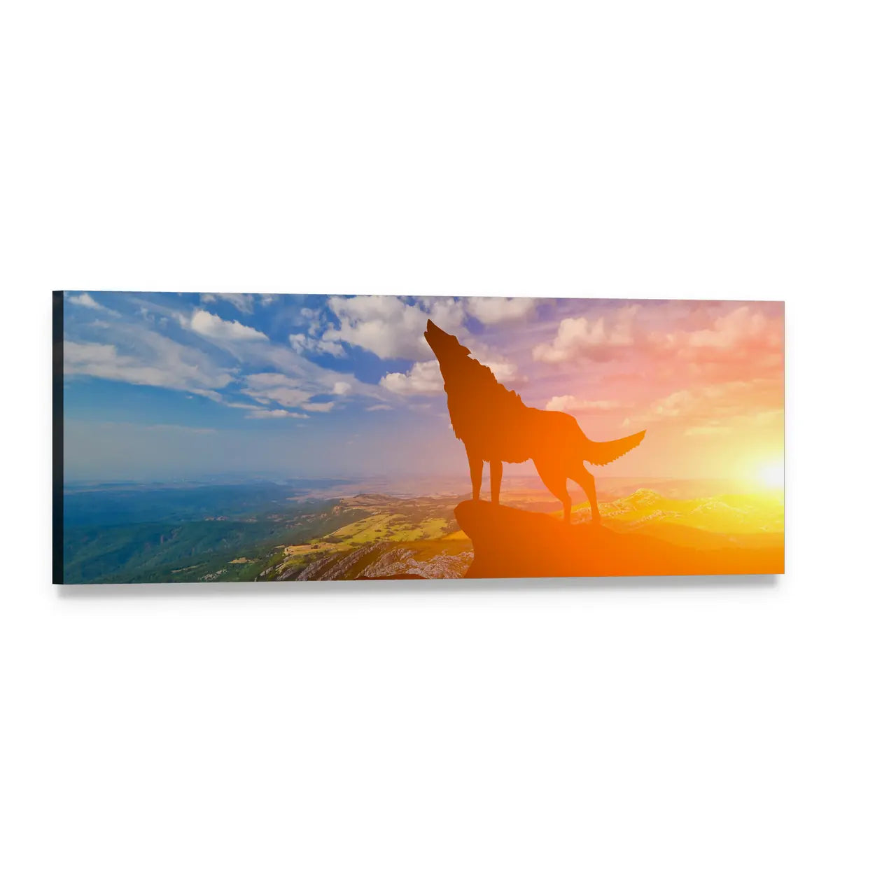 Howling Wolf on Mountain Cliff Panoramic Canvas Wall Art, single panel gallery wrapped canvas, angled product view