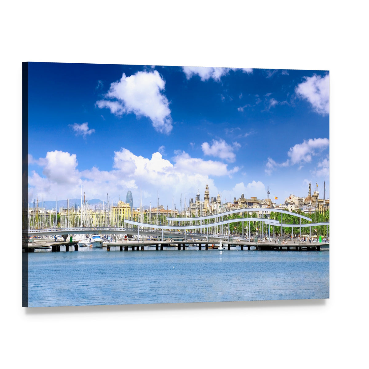 Yachts in Barcelona Harbor Canvas Wall Art, single panel gallery wrapped canvas, angled product view