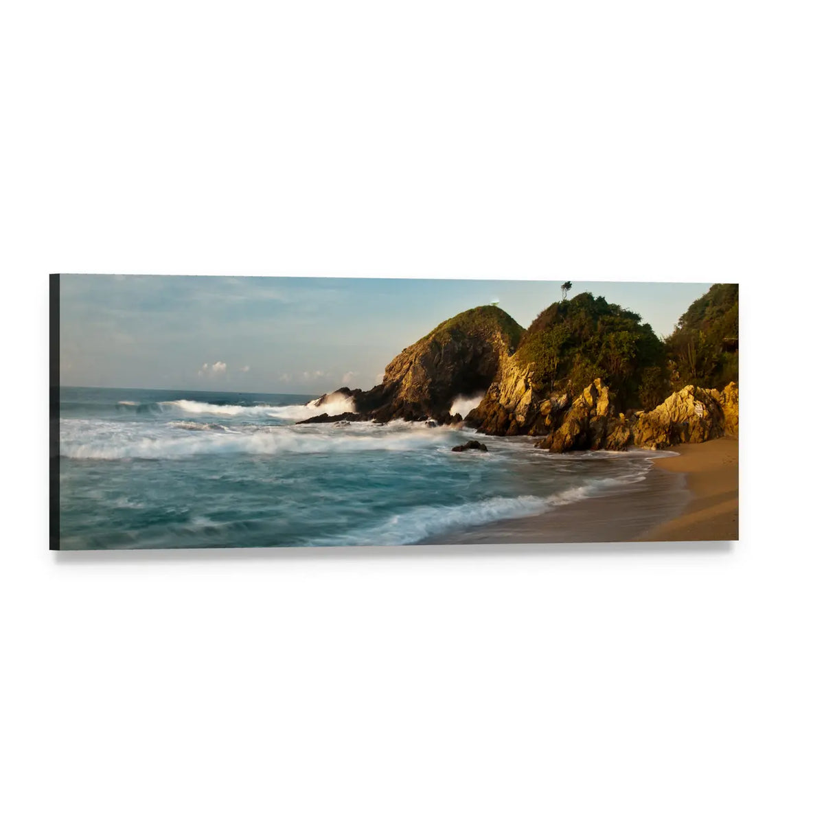 Sandy Beach with Rocks at Sunrise Panoramic Canvas Wall Art, single panel gallery wrapped canvas, angled product view