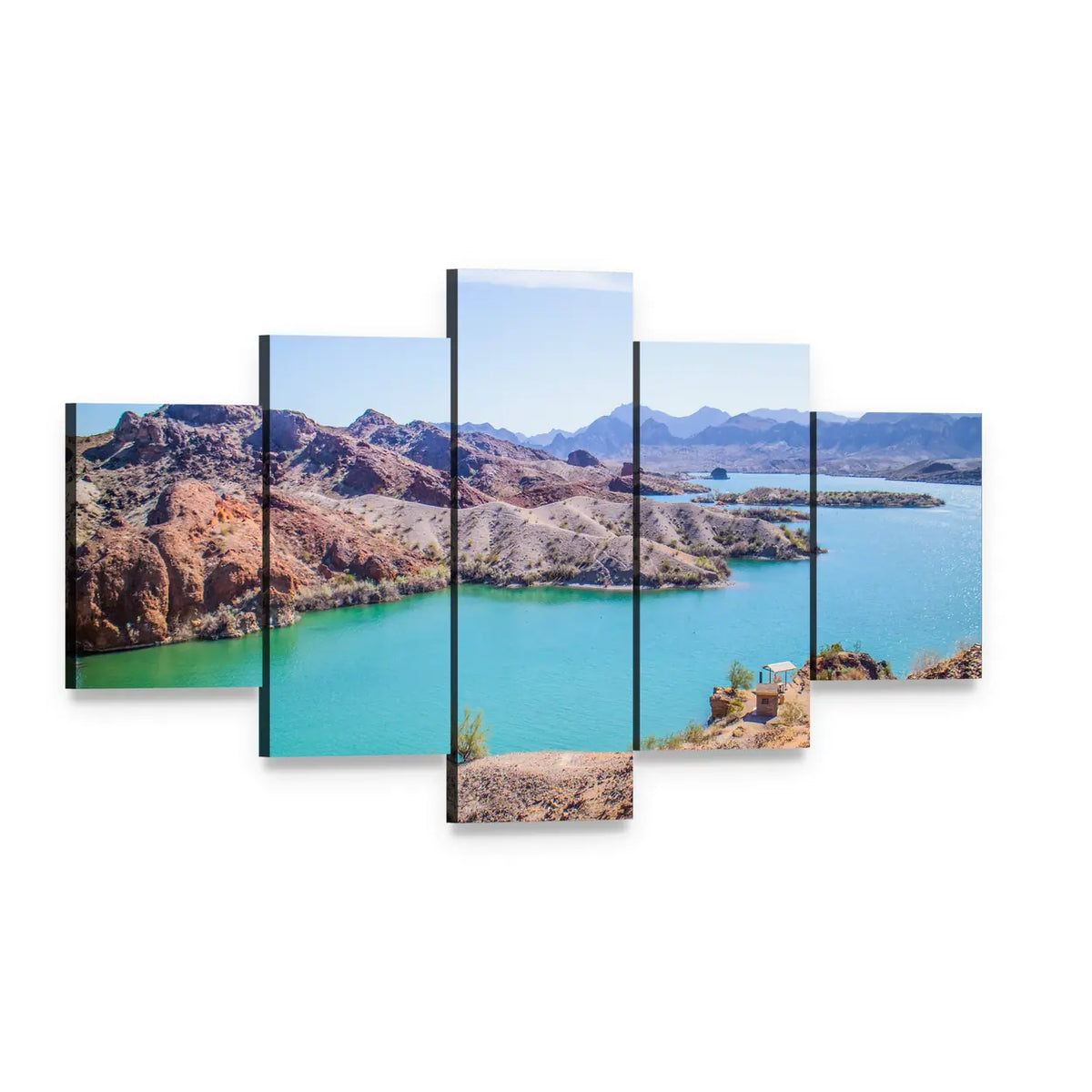 Balanced Rock Cove Turquoise Lake Canvas Wall Art, 5 panel 5 Star layout gallery wrapped canvas set, angled product view