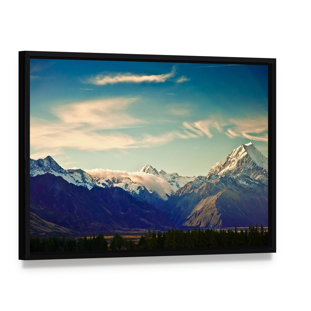 Mount Cook National Park Canvas Wall Art, framed canvas in a black floater frame, angled product view