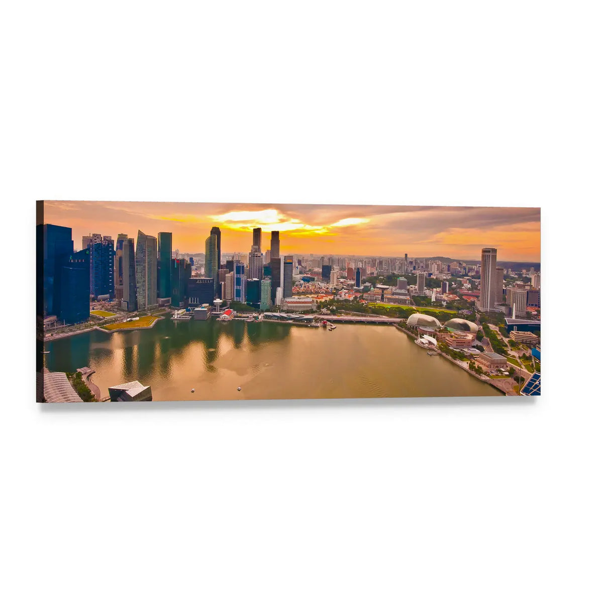 Marina Bay Singapore Skyline at Sunset Panoramic Canvas Wall Art, single panel gallery wrapped canvas, angled product view
