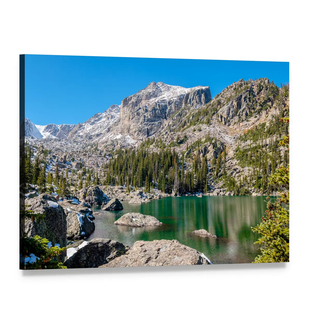 Alpine Lake with Rocky Foreground Canvas Wall Art, single panel gallery wrapped canvas, angled product view