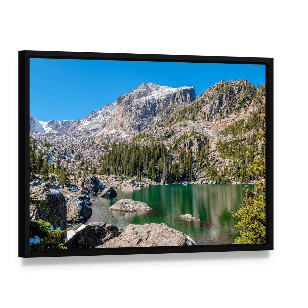 Alpine Lake with Rocky Foreground Canvas Wall Art, framed canvas in a black floater frame, angled product view