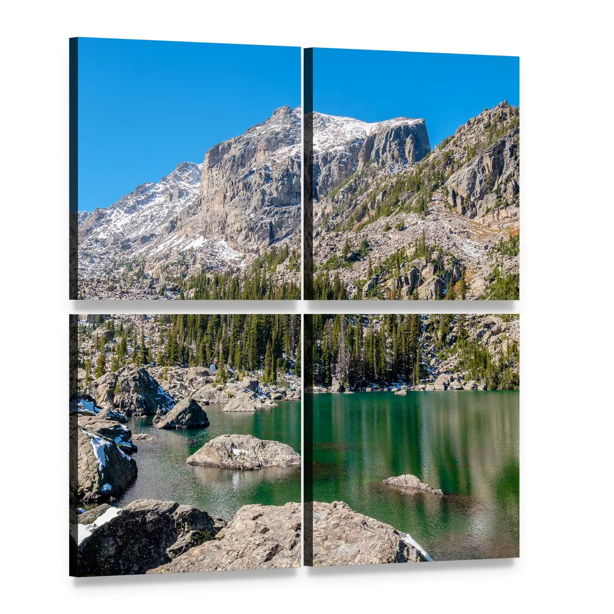 Alpine Lake with Rocky Foreground Canvas Wall Art, 4 panel 4 Square layout gallery wrapped canvas set, angled product view