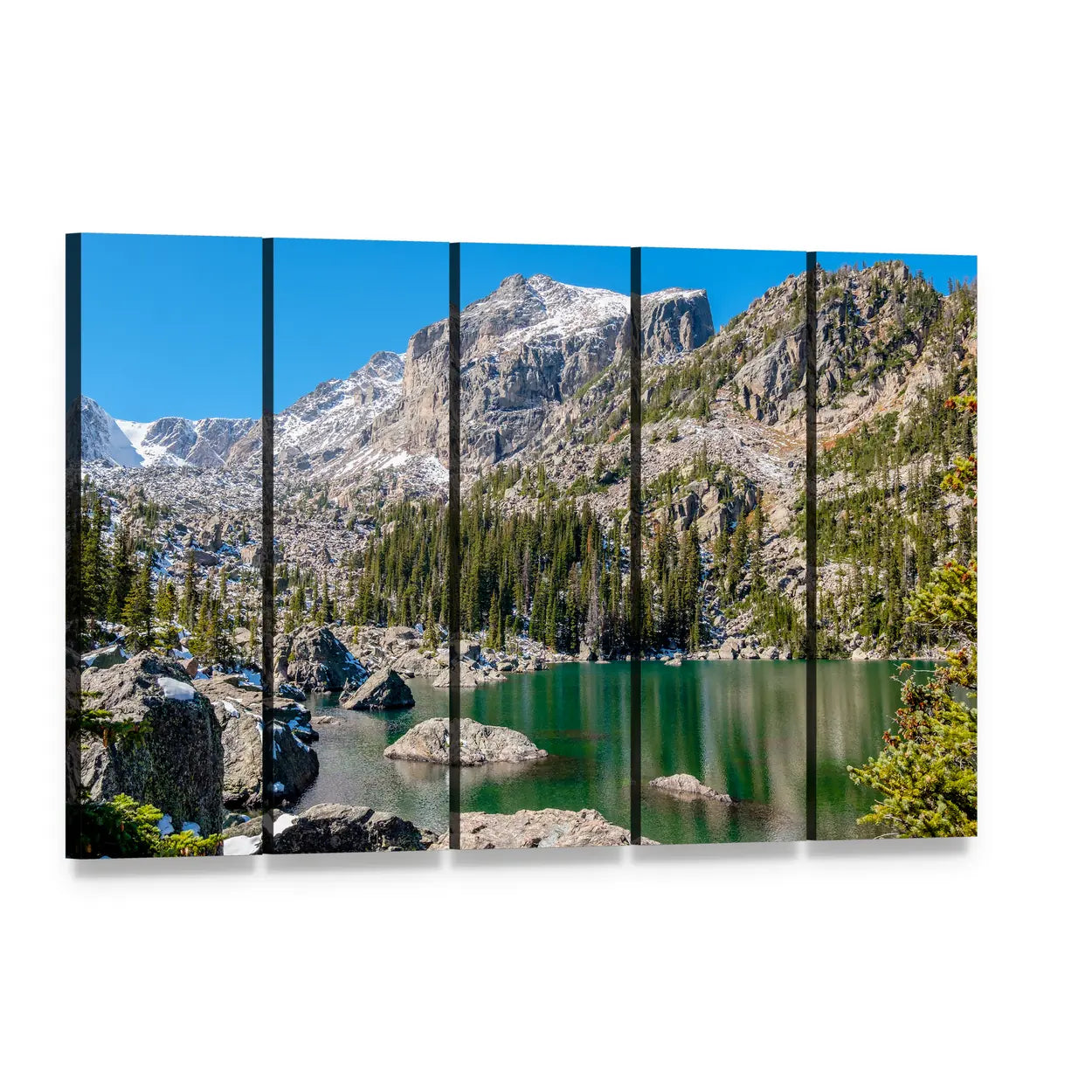 Alpine Lake with Rocky Foreground Canvas Wall Art, 5 panel 5 Horizontal layout gallery wrapped canvas set, angled product view
