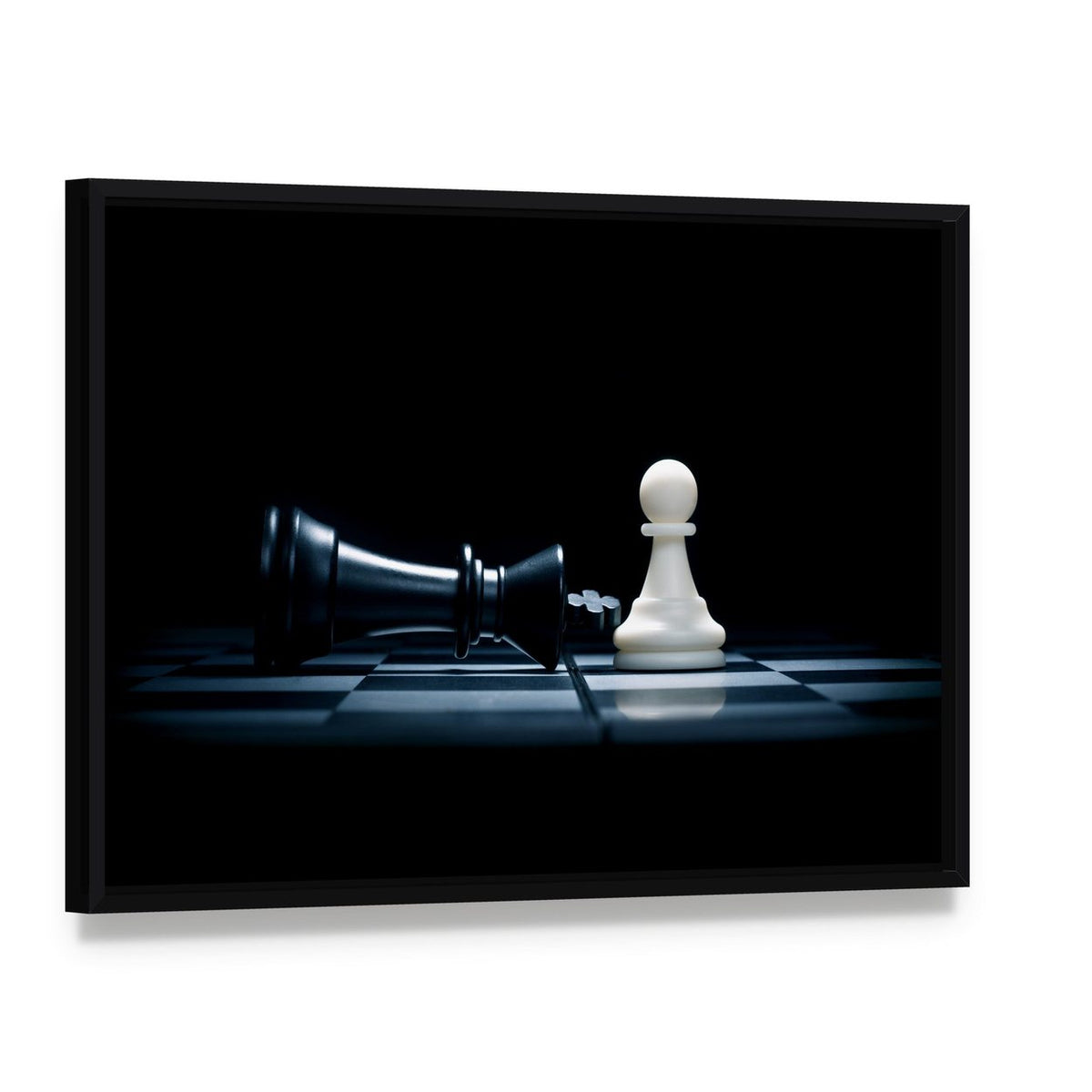 Pawn & the Won King Canvas Wall Art, framed canvas in a black floater frame, angled product view