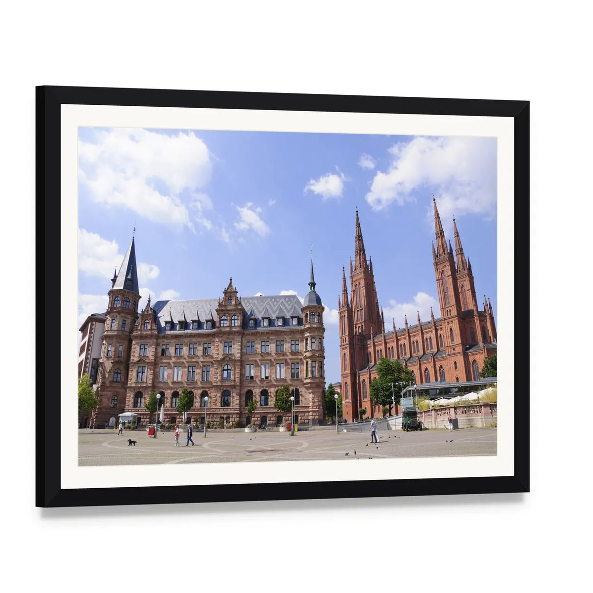 Market Place in Wiesbaden Canvas Wall Art, framed print with white mat and black frame, angled product view