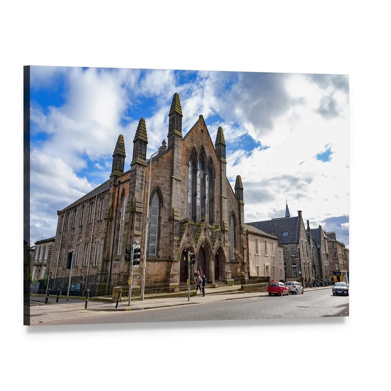 Gothic Stone Church on Urban Street Canvas Wall Art, single panel gallery wrapped canvas, angled product view