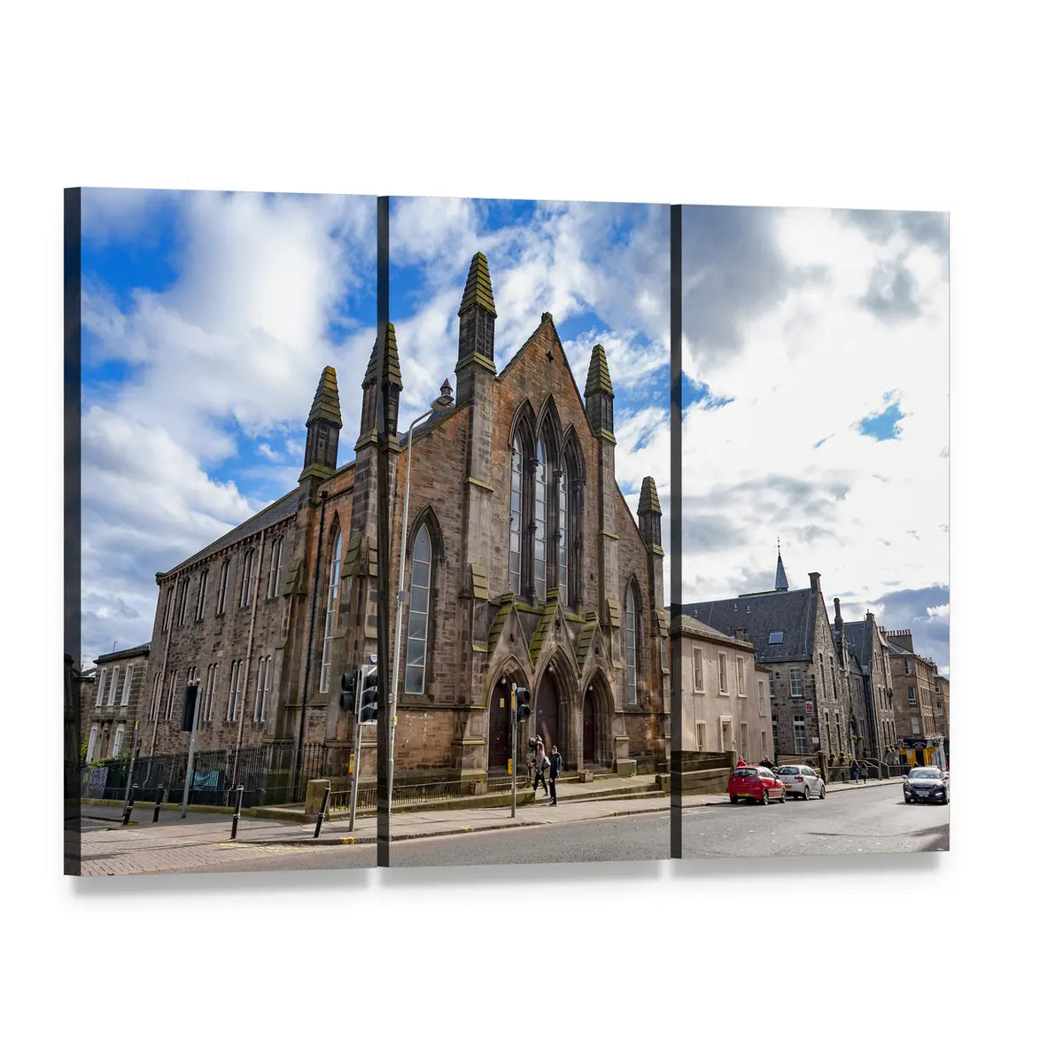 Dar Al-arqam Stone Building Canvas Wall Art, 3 panel 3 Horizontal layout gallery wrapped canvas set, angled product view