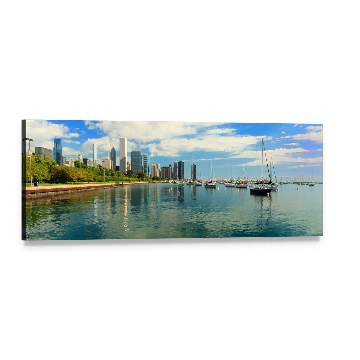 Chicago Skyline Over Lake Michigan Panoramic Canvas Wall Art, single panel gallery wrapped canvas, angled product view