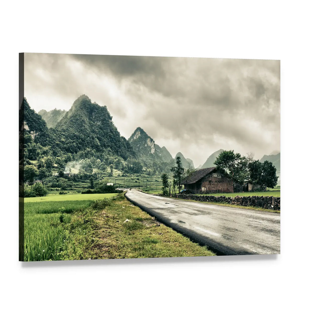 Wet Road Through Mountain Landscape Canvas Wall Art, single panel gallery wrapped canvas, angled product view