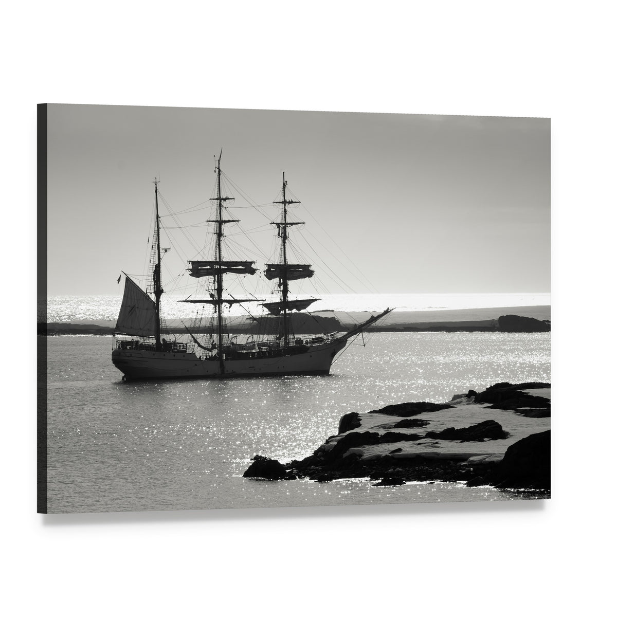 Three-masted Sailing Ship at Dawn Canvas Wall Art, single panel gallery wrapped canvas, angled product view