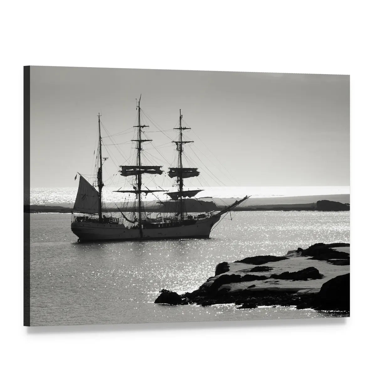 Three-masted Sailing Ship at Dawn Canvas Wall Art, single panel gallery wrapped canvas, angled product view