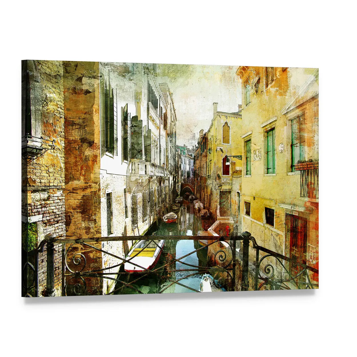 Venetian Canal Framed by Iron Bridge Canvas Wall Art, single panel gallery wrapped canvas, angled product view