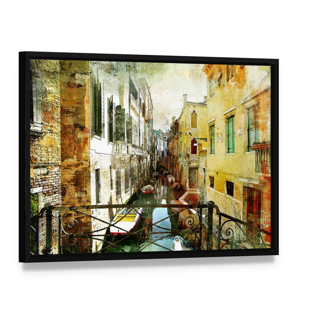 Venetian Canal Framed by Iron Bridge Canvas Wall Art, framed canvas in a black floater frame, angled product view