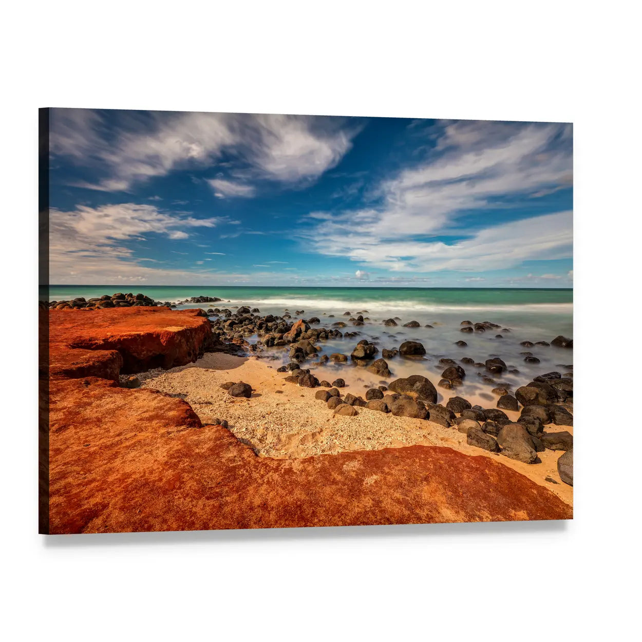 Red Cliffs and Turquoise Shoreline Canvas Wall Art, single panel gallery wrapped canvas, angled product view