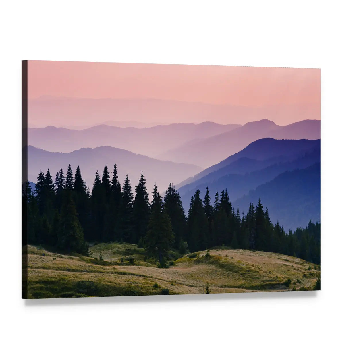 Misty Mountain Morning Canvas Wall Art, single panel gallery wrapped canvas, angled product view