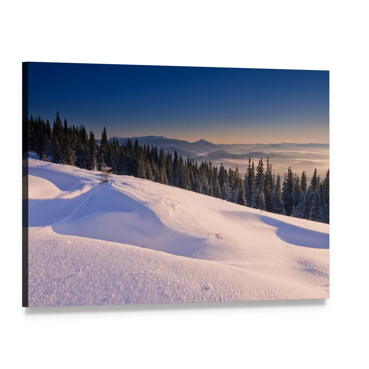 Sunlit Snowy Mountain Landscape Canvas Wall Art, single panel gallery wrapped canvas, angled product view