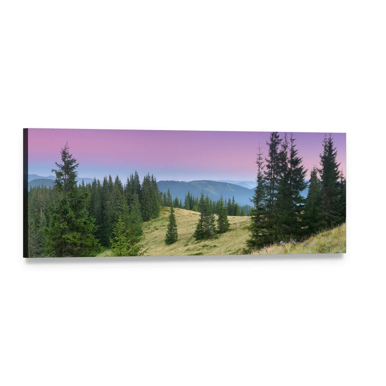 Mountain Morning Landscape Panoramic Canvas Wall Art, single panel gallery wrapped canvas, angled product view