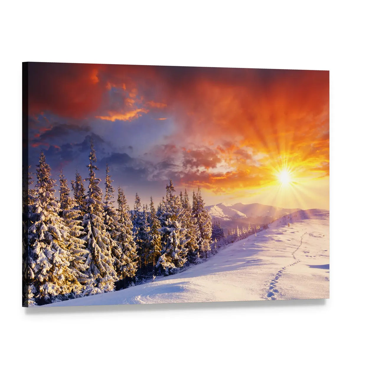 Sunset Over Snow-covered Mountains Canvas Wall Art, single panel gallery wrapped canvas, angled product view